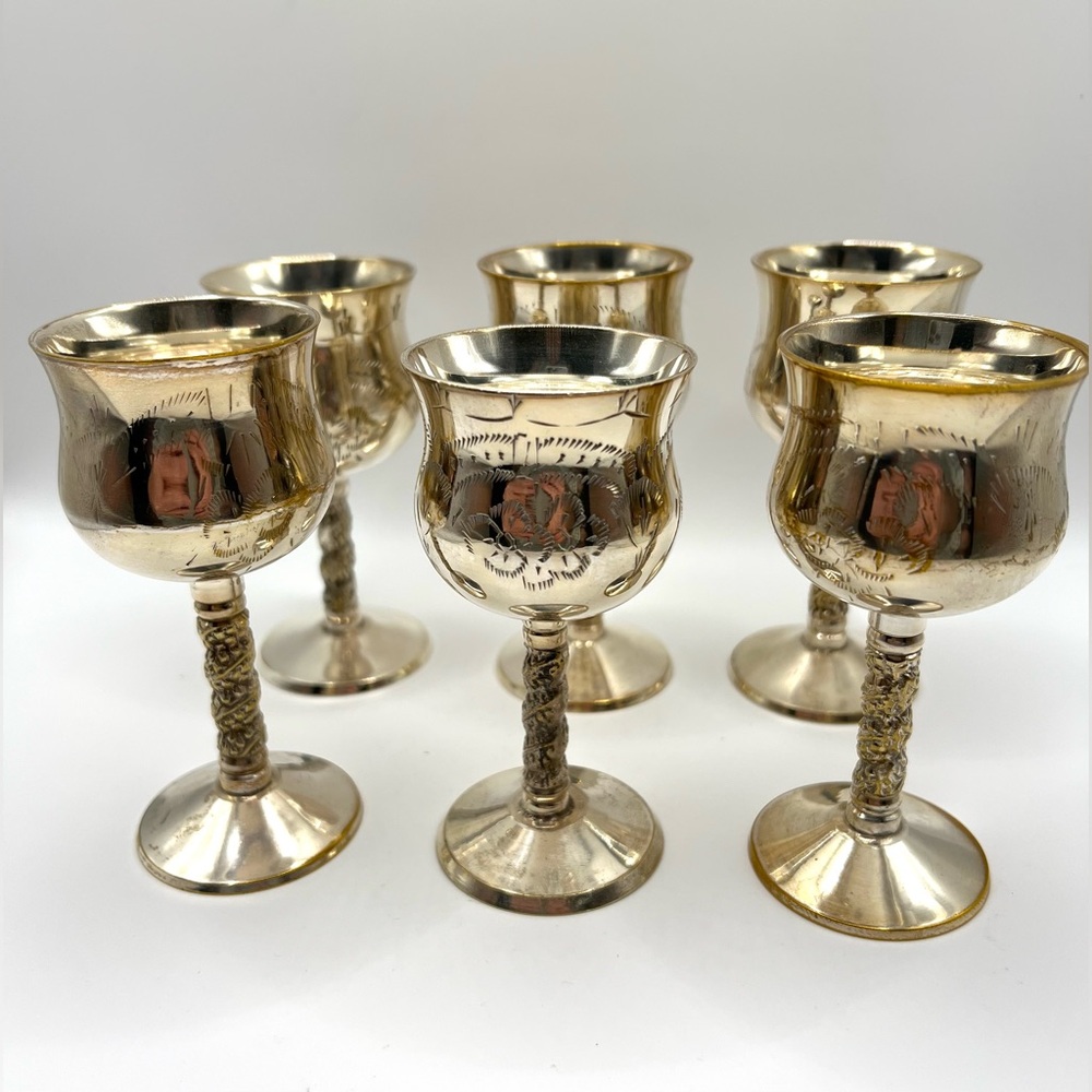 Set of 6 EPNS Silver Plated Mini Goblets Engraved Floral Ornate Pattern India 4"